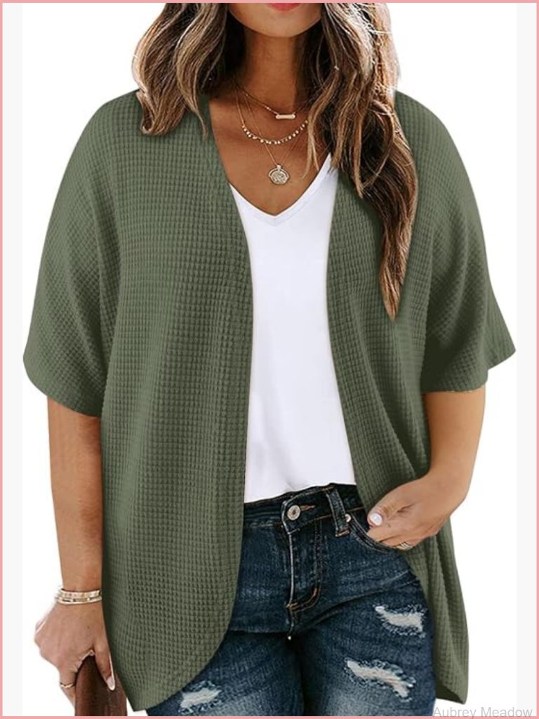 Plus Size Waffle Knit Cardigan Open Front Kimono Short Sleeve